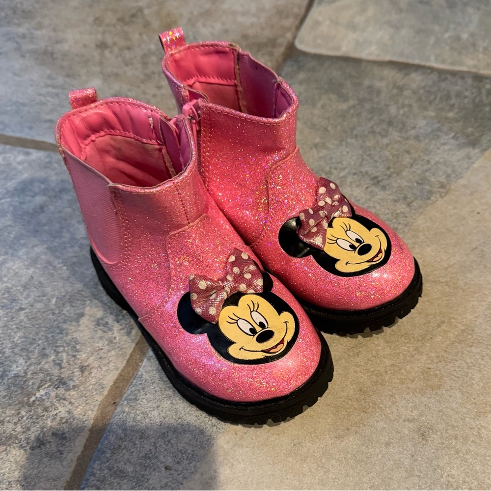 Disney Junior Pink Sparkle Minnie Mouse Ankle Combat Rain Boots Size Toddler 7